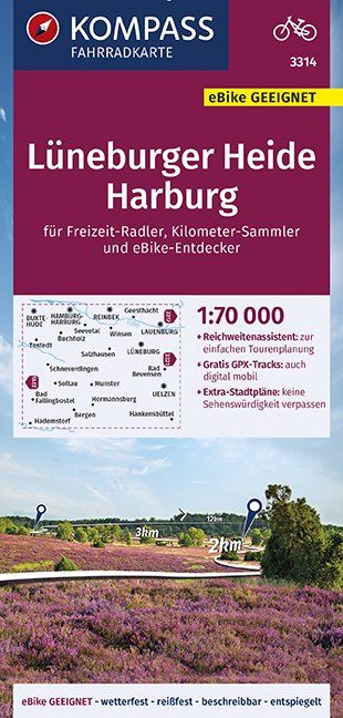 KOMPASS Fahrradkarte Lüneburger Heide, Harburg 1:70.000, FK 3314