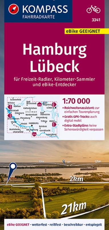 KOMPASS Fahrradkarte 3341 Hamburg, Lübeck 1:70.000