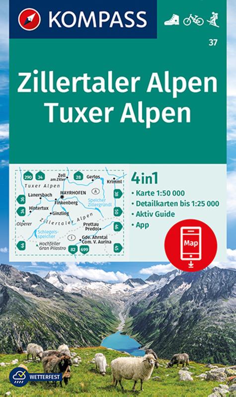 KOMPASS Wanderkarte 37 Zillertaler Alpen, Tuxer Alpen LZ bis 2026