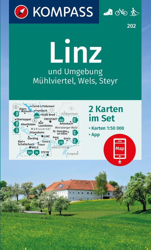 KOMPASS Wanderkarten-Set 202 Linz und Umgebung, Mühlviertel, Wels, Steyr (2 Karten) 1:50.000